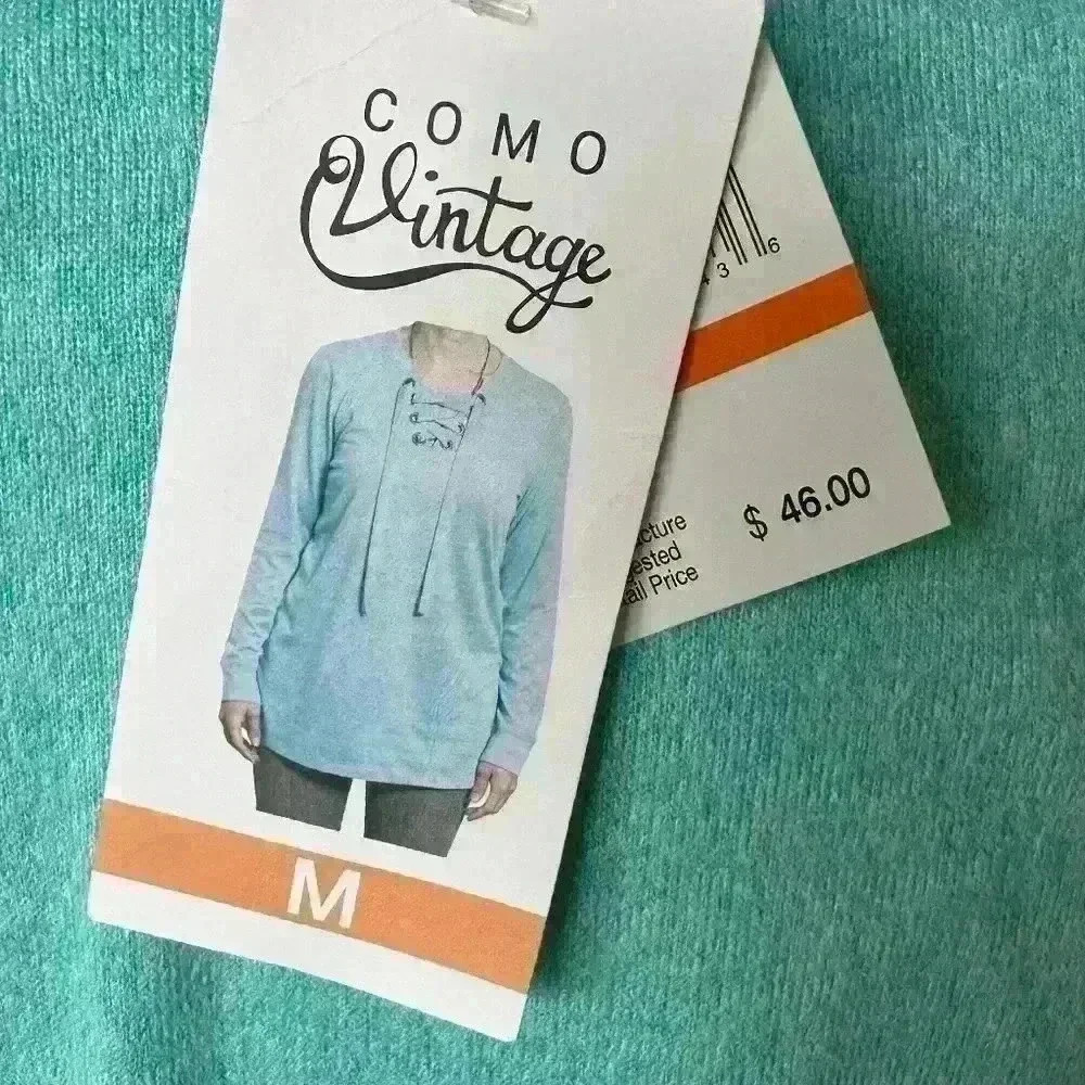 COMO VINTAGE BOHO LONG SLEEVE Blue Front Tie Super Soft Top -Size M - NWT - Picture 3 of 5